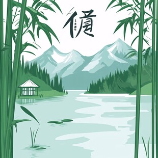 山水竹林插画