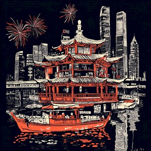 维多利亚港手绘插画