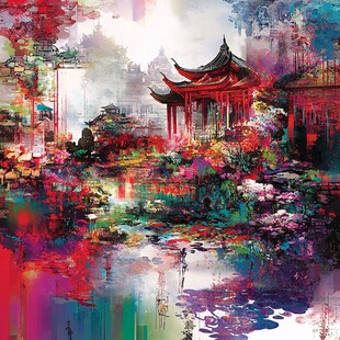 古风亭台楼阁油画