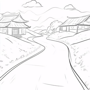 线描乡村场景