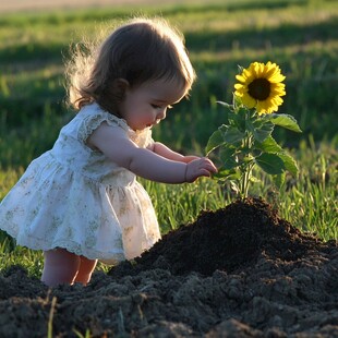 站在向日葵里的小女孩
