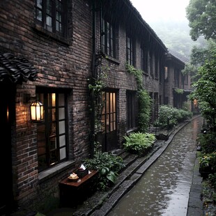 雨中宅院