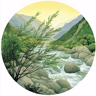 圆形手绘山水画