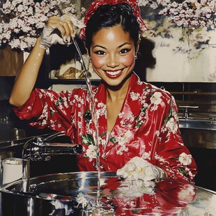 旗袍美女端碗饭菜