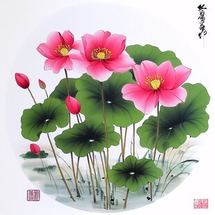 荷花圆面画