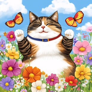 花丛边的猫咪插画