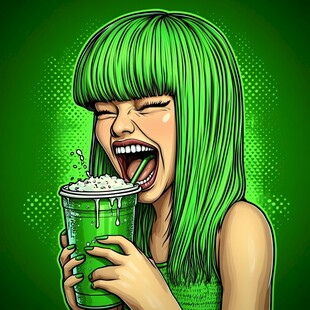 手绘喝饮料美女