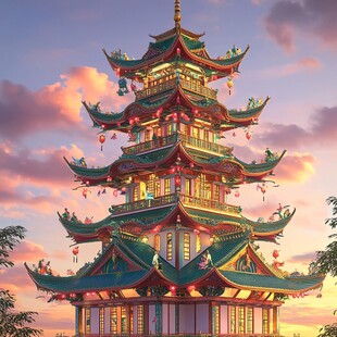 国潮楼阁亭台古风插画