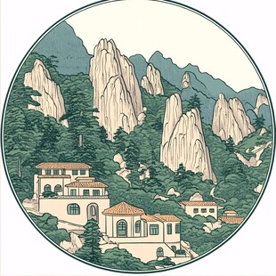 圆形手绘山水