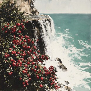 红滩瀑布油画