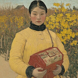 农家女孩摘黄花