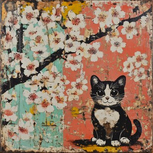 春天猫咪樱花插画壁纸