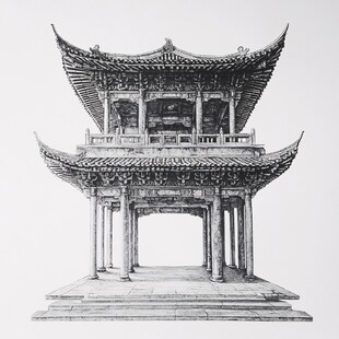 中式建筑钢笔插画