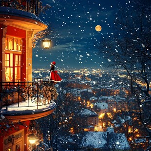 女孩看窗外雪景