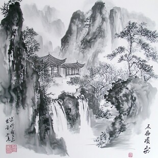 黑白画手绘山水画