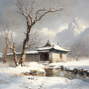 冬季雪景风景油画