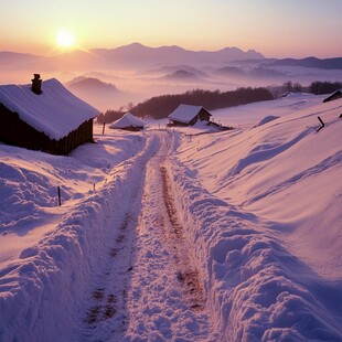 山村晚霞雪景