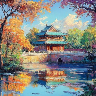古风亭台楼阁油画