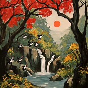 山峰山水画油画梅花鹿