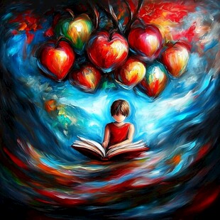 手绘座在苹果上的姑娘