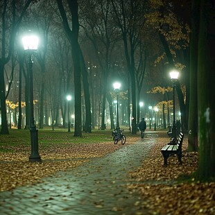 秋天夜晚路灯下的落叶