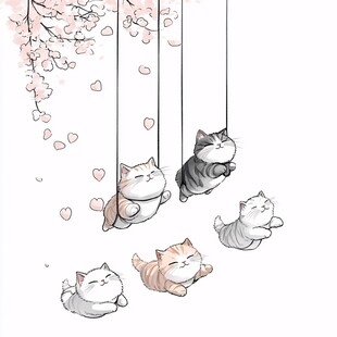 春天猫咪樱花插画壁纸