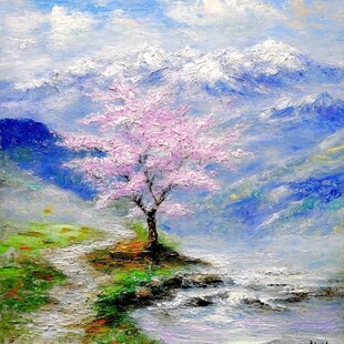 桃花风景油画