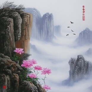 手绘风景画烟雾山水画