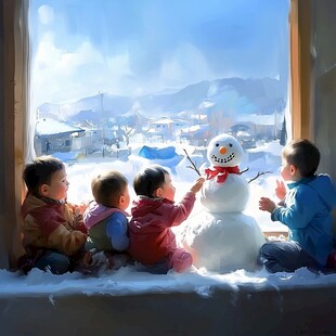 小孩堆雪人春节年画