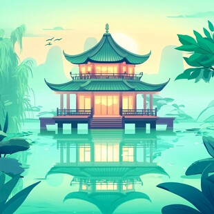 国潮山水楼阁亭台插画