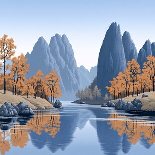 秋天风景山水画