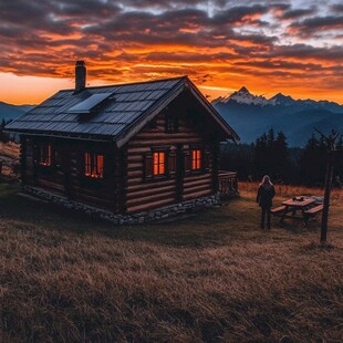 晚霞中草地木屋