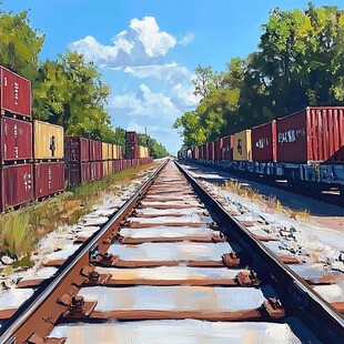 铁轨水粉画