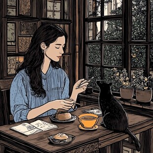 撸猫少女插画