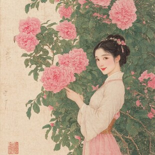 工笔仕女画拈花回眸