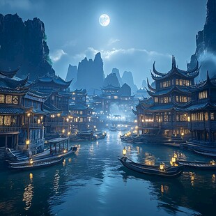 玄幻古镇夜景