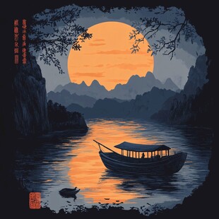 虎溪夜月景点插画