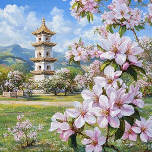 桃花风景油画