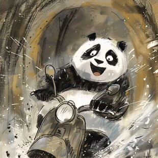 手绘滑雪的熊猫装饰画
