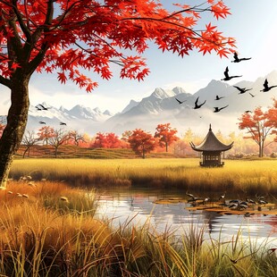 古风秋天景色插画