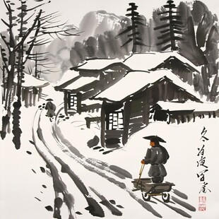 手绘山村雪景图