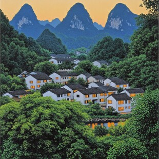 装饰画无框画山脚民居