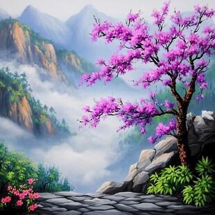 桃花风景油画