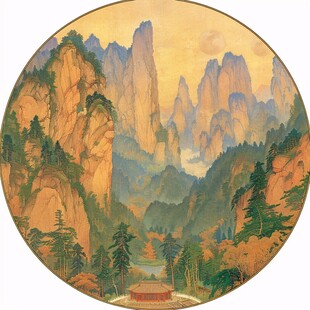 青绿金碧山水团扇画