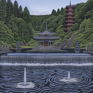 横店地标建筑山水画