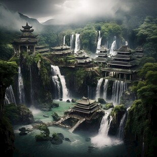 亭台楼阁流水瀑布