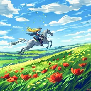 乘菊花青马的少女