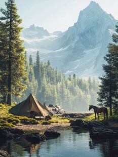 手绘山林露营地