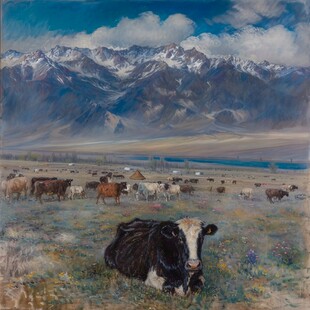 胡杨放牧牛群雪山油画