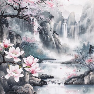 花瓣飘落山水画